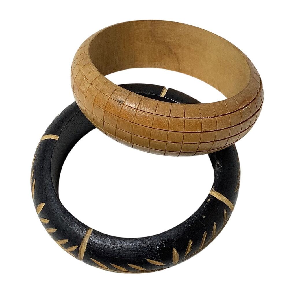 Vintage Brown Black Carved Wooden Bangle Bracelets Set Boho Cottagecore F17-48